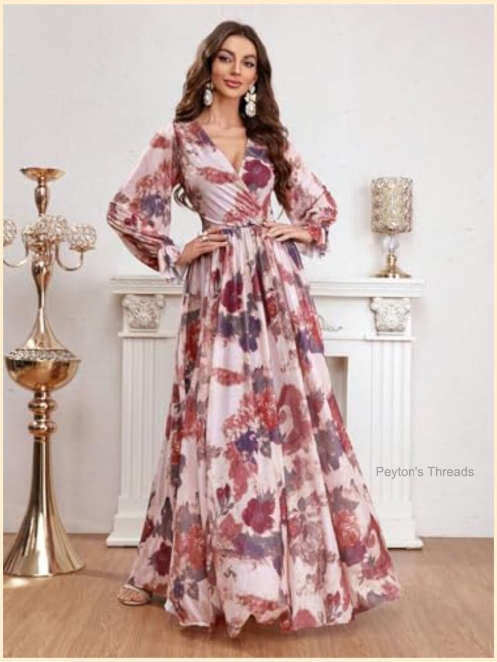 Bohemian V Neck Long Sleeve Ruffle Floral Maxi Dress - Summer - Picture 3 of 6